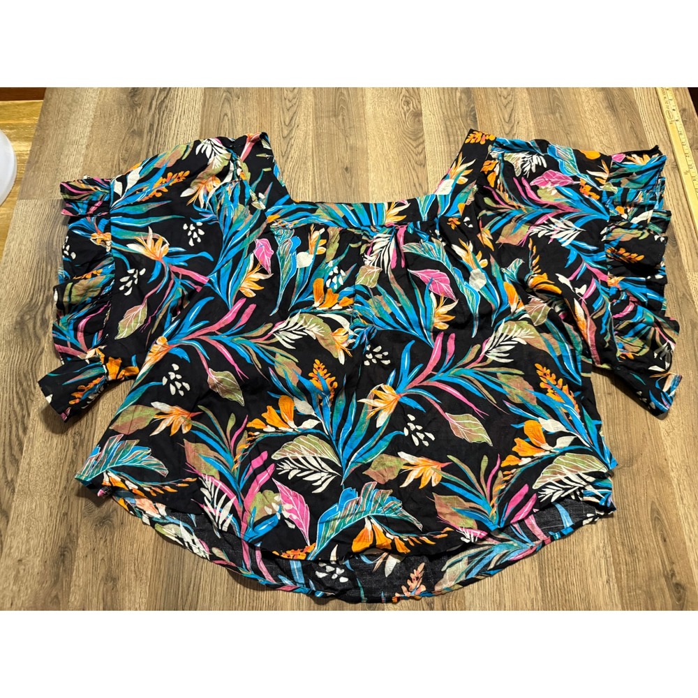 Terra & Sky Shirts Womens 4X Multi Color Tropical Ruffle Sleeve Square Neck Top